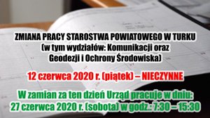 Zdjęcie główne dla wydarzenia: 12 czerwca 2020 r - dniem wolnym od pracy w Starostwie Powiatowym w Turku