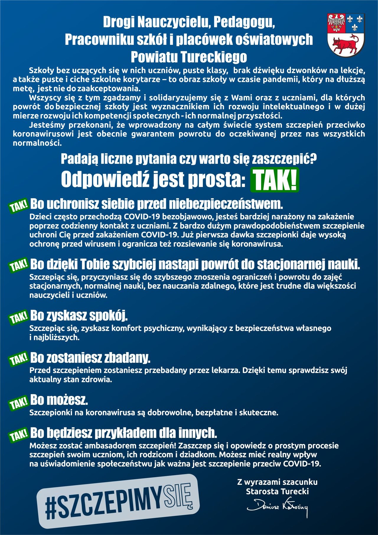 Plakat z apelem do nauczycieli dot. szczepień przeciw COVID-19